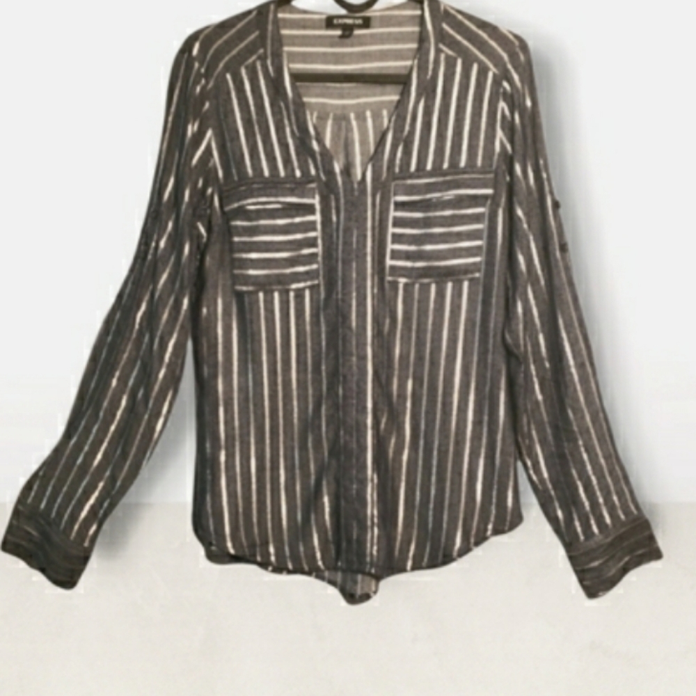 Express womens blouse dark blue with silver metallic stripes, sixe xs